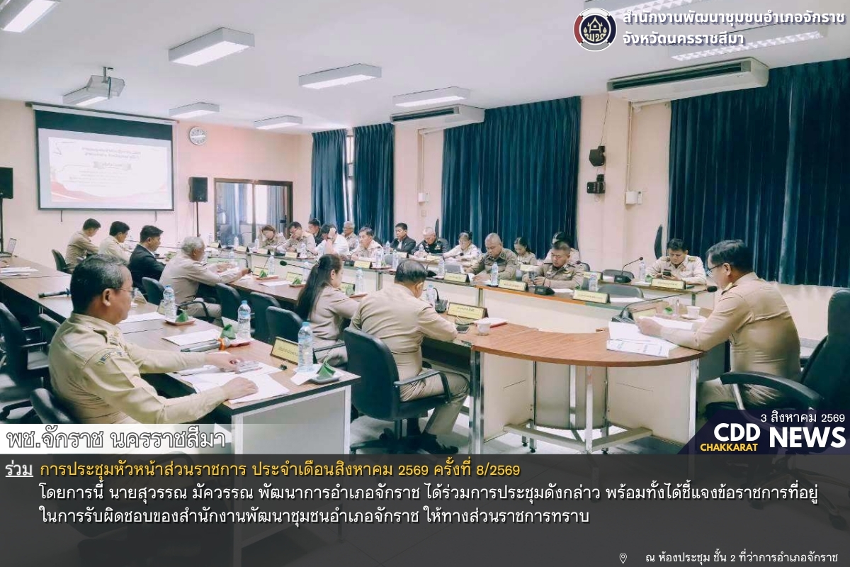 พช.จักราช นครราชสีมา ร่วมการประชุมหัวหน้าส่วนราชการ ประจำเดือนสิงหาคม 2569 ครั้งที่ 8/2569 