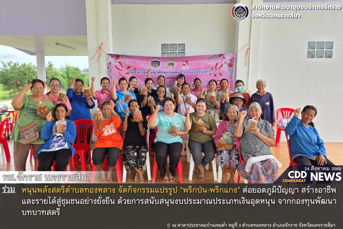 พช.จักราช นครราชสีมา หนุนพลังสตรีตำบลทองหลาง จัดกิจกรรมแปรรูป "พริกป่น-พริกแกง" ต่อยอดภูมิปัญญา สร้างอาชีพและรายได้สู่ชุมชนอย่างยั่งยืน